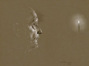 Don Quijote con alma búlgara. La oración. Tinta china y lápiz blanco, 35 x 44 cm. 2005